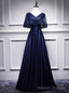 Navy Blue Satin Lace V Neck Bat Pearls Prom Dress