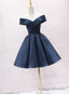 Navy Blue Satin Off Shoulder Bridesmaid Dress Prom Dress, Short Prom Dress
