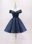 Navy Blue Satin Off Shoulder Short Graduation Dresses Blue Satin Prom Dresses