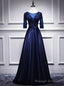 Navy Blue Satin Short Sleeve Appliques Beading Prom Dress