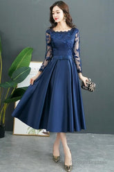 Navy Blue Satin Tea Length With Lace Long Sleeves Bridesmaid Dress, Blue Short Party Dress