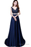 Navy Blue Satin With Lace Beaded Long Junior Prom Dress, Blue Satin Party Dresses