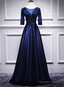 Navy Blue Satin With Lace Short Sleeves Long Prom Dress Blue Prom Dress
