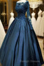 Navy Blue Satin With Lace Top Long Sleeves Sweet 16 Gown Blue Prom Dress