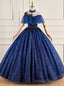 Navy Blue Sequins High Neck Appliques Beading Quinceanera Dress