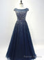 Navy Blue Shiny Sequins Round Neckline Tulle Prom Dress, A Line Tulle Blue Prom Dress