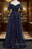 Navy Blue Simple Tulle Short Sleeves Prom Dresses Navy Blue Long Prom Dresses