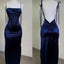 Navy Blue Spaghetti Strap Bodycon Satin Elegant Prom Dress Backless Prom Dress