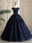 Navy Blue Sweetheart With Lace Applique Sweet 16 Dresses Blue Long Prom Dresses