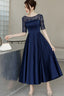 Navy Blue Tea Length Satin Short Sleeves Prom Dresses Blue Wedding Prom Dress