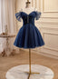 Navy Blue Tulle Beaded Short Prom Dress, Blue Tulle Off Shoulder Homecoming Dress