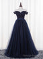 Navy Blue Tulle Long Prom Dress, Simple Off Shoulder Blue Bridesmaid Dress
