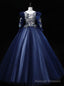 Navy Blue Tulle Long Sleeve Embroidery Sequins Quinceanera Dress