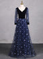 Navy Blue Tulle Long Sleeve V-neck Butterfly Prom Dress