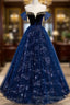 Navy Blue Tulle Off Shoulder Beaded Long Party Dress, Navy Blue Tulle Prom Dress