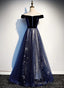 Navy Blue Tulle Off Shoulder Velvet Top Long Prom Dress, Blue Prom Dress