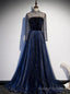 Navy Blue Tulle Sequins High Neck Long SLeeve Beading Prom Dress