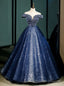 Navy Blue Tulle Sequins Off the Shoulder Beading Quinceanera Dress