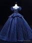 Navy Blue Tulle Sequins Puff Sleeve Appliques Quinceanera Dress