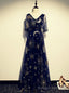 Navy Blue Tulle Sequins V Neck Short Sleeve Prom Dress