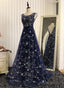 Navy Blue Tulle V Back Long Prom Dresses Blue A-Line Bridesmaid Dress