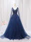 Navy Blue Tulle V Neck Beading Prom Dress