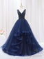 Navy Blue Tulle V Neck Beading Prom Dresses