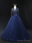 Navy Blue Tulle V Neck Long Sleeve Beading Prom Dress