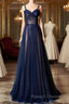 Navy Blue Tulle V Neck Long Women Prom Dress, Lace Up Evening Dress