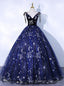 Navy Blue Tulle V Neck Print Quinceanera Dress
