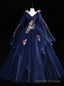 Navy Blue Tulle V-neck Sequins Embroidery Quinceanera Dress