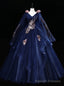 Navy Blue Tulle V Neck Sequins Embroidery Quinceanera Dress