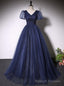 Navy Blue Tulle V Neck Short Sleeve Prom Dress