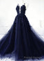 Navy Blue Tulle With Lace Applique Prom Dress, Navy Blue Tulle Prom Dress