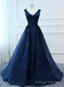 Navy Blue V Neckline Lace Long Prom Dress with Flowers, Blue V Neckline Prom Dress