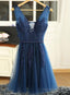 Navy Blue V-Neckline Tulle With Lace Applique Short Prom Dress Blue Bridesmaid Dress