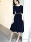 Navy Blue Velvet Knee Length Simple Bridesmaid Dress Short Blue Velvet Prom Dress With Beadings
