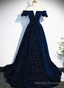 Navy Blue Velvet Off Shoulder Long Prom Dress, Navy Blue Prom Dress Formal Dress