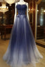 Navy Gradient A Line Tulle Long Prom Dress