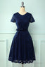 Navy Short Sleeves Lace Homecoming Dresses
