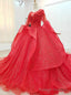 Never Miss Out On Red Ball Gowns Tulle Sequins Long Sleeve Beading Appliques Wedding Dress