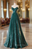 New A Line Dark Green Prom Dress, Off-The-Shoulder Prom Dress With Cape, Sweeping Tail Prom Dress