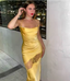 Yellow New Lace Spaghetti Straps Sexy Backless Mid-Length Elegant Satin Prom Dress Evening Dress Party Dress