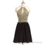 Newest Unique Beading Halter Lace Appliques Top Black Chiffon Skirt Open Back Homecoming Dresses