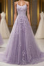 Light Purple Lace Applique A Line Spaghetti Straps Prom Dresses Prom Gown