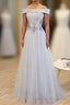 Gray A Line Off Shoulder Floor Length Prom Dress, Lace Evening Dress