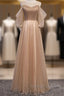 Noble And Elegant Champagne Beaded Long Sleeved Off Shoulder Ball Dresses Champagne A-Line Princess Off Shoulder Strap And Floor Length Prom Dresses