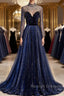 Noble Navy Blue Perspective High Neck Long Sleeved Water Diamond Sequin Ball Dresses Navy Blue A-Line Princess Sparkling Backless Tulle Sweeping Tail Ruffle Edge Prom Dresses