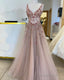 Nude Tulle Prom Dress V Neck Beaded