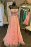 Straps Pink Floral Embroidered A-line Long Formal Dress